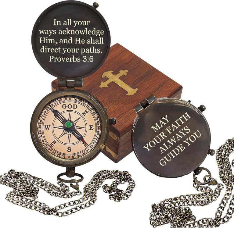 Baptism Gifts for Boys, Brass Antique Compass with Chain & Cross Wooden Gift Box - Proverbs 3:6 Scripture - Christian, Christmas, First Communion, Confirmation Gifts for Boys, Godson, Son & Men