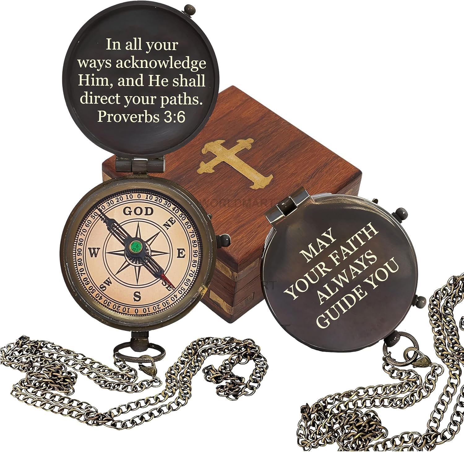 Baptism Gifts for Boys, Brass Antique Compass with Chain & Cross Wooden Gift Box - Proverbs 3:6 Scripture - Christian, Christmas, First Communion, Confirmation Gifts for Boys, Godson, Son & Men