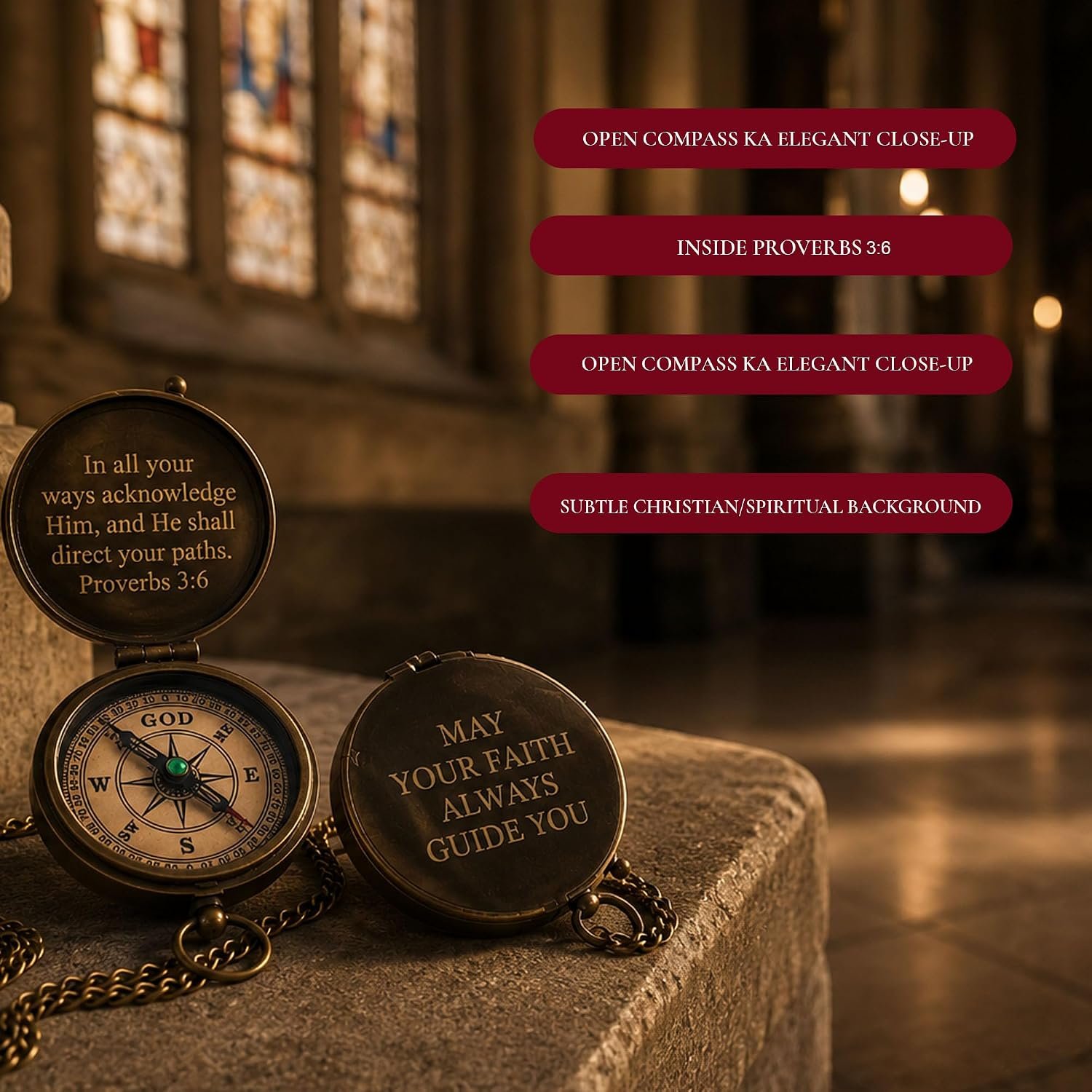 Baptism Gifts for Boys, Brass Antique Compass with Chain & Cross Wooden Gift Box - Proverbs 3:6 Scripture - Christian, Christmas, First Communion, Confirmation Gifts for Boys, Godson, Son & Men - Image 2