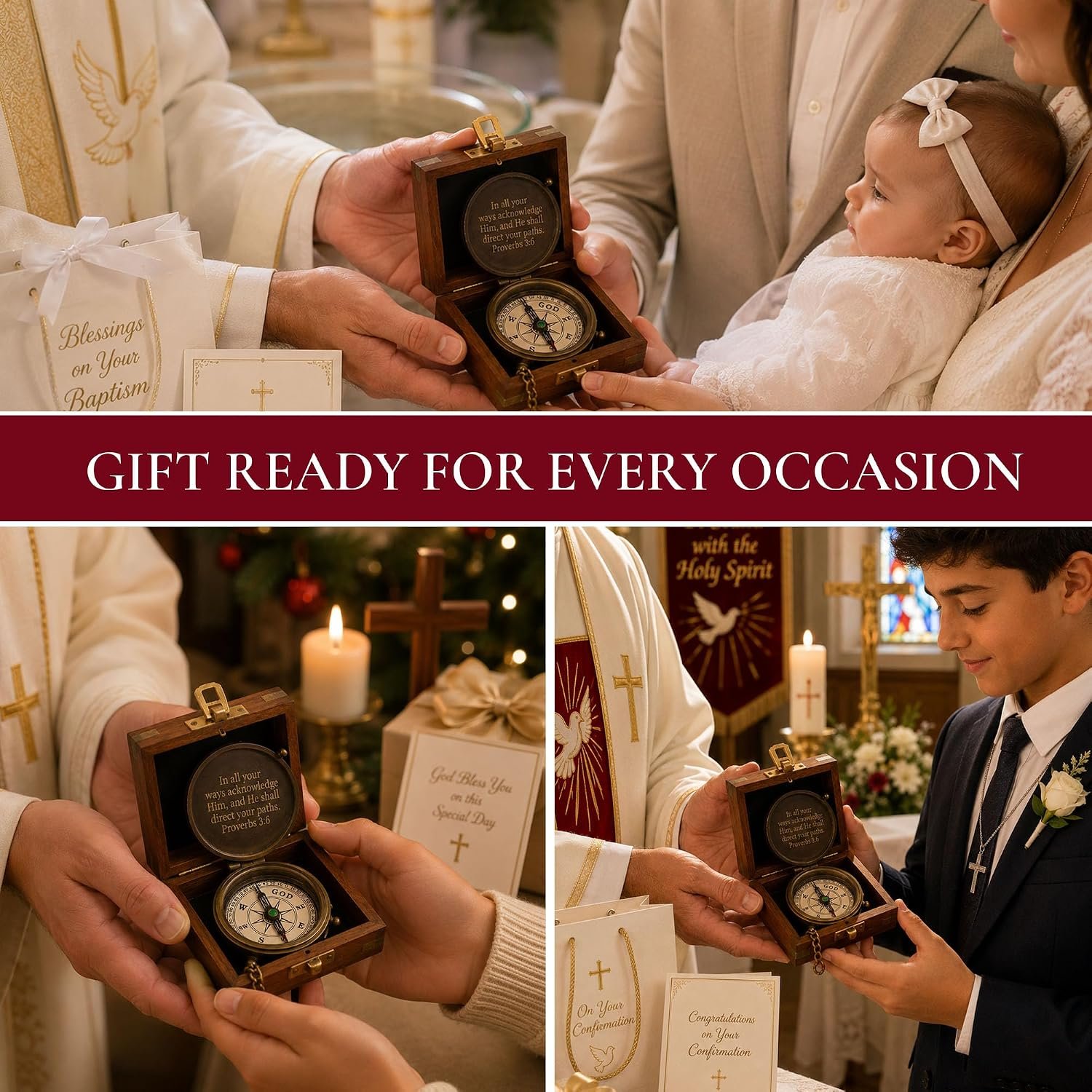 Baptism Gifts for Boys, Brass Antique Compass with Chain & Cross Wooden Gift Box - Proverbs 3:6 Scripture - Christian, Christmas, First Communion, Confirmation Gifts for Boys, Godson, Son & Men - Image 3
