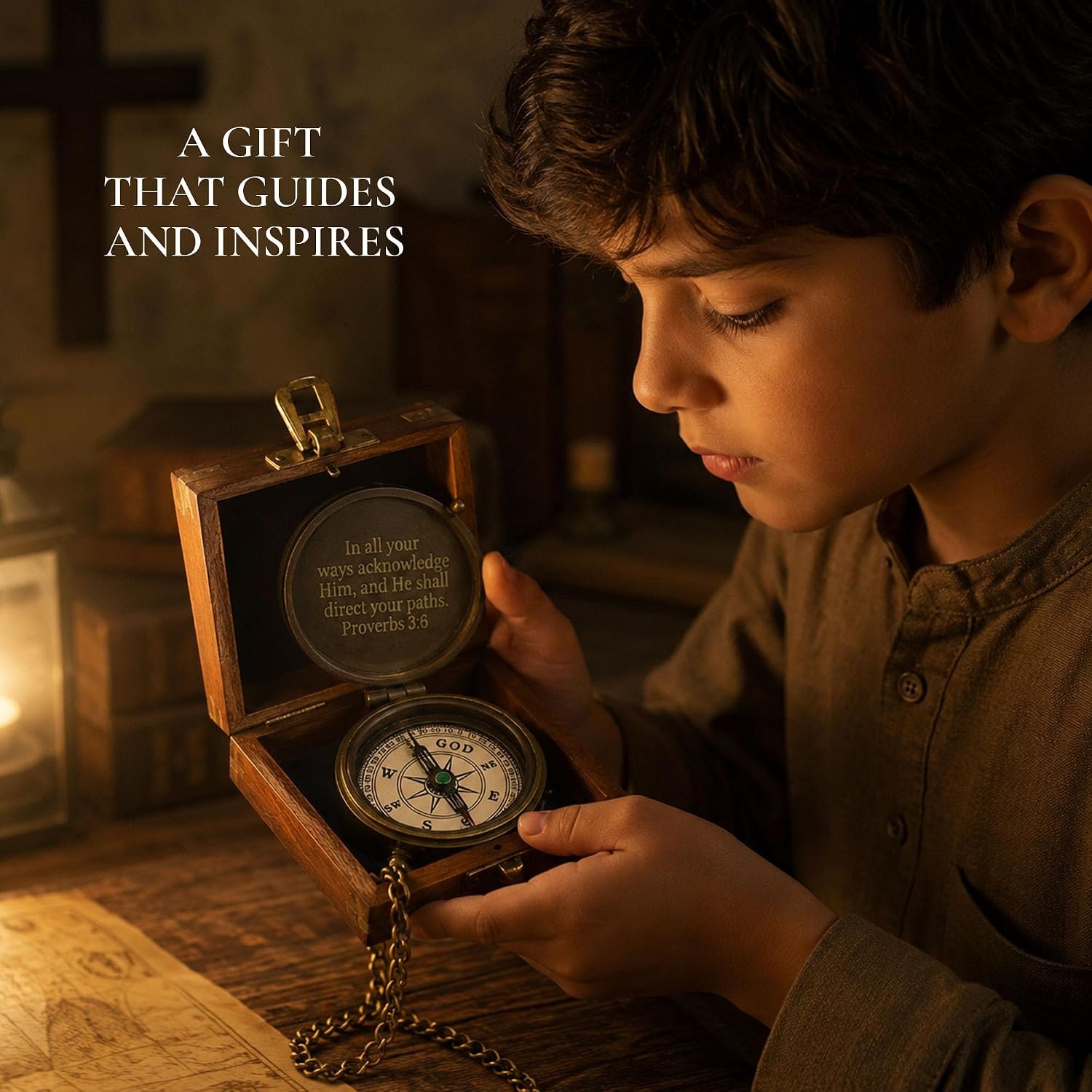 Baptism Gifts for Boys, Brass Antique Compass with Chain & Cross Wooden Gift Box - Proverbs 3:6 Scripture - Christian, Christmas, First Communion, Confirmation Gifts for Boys, Godson, Son & Men - Image 5