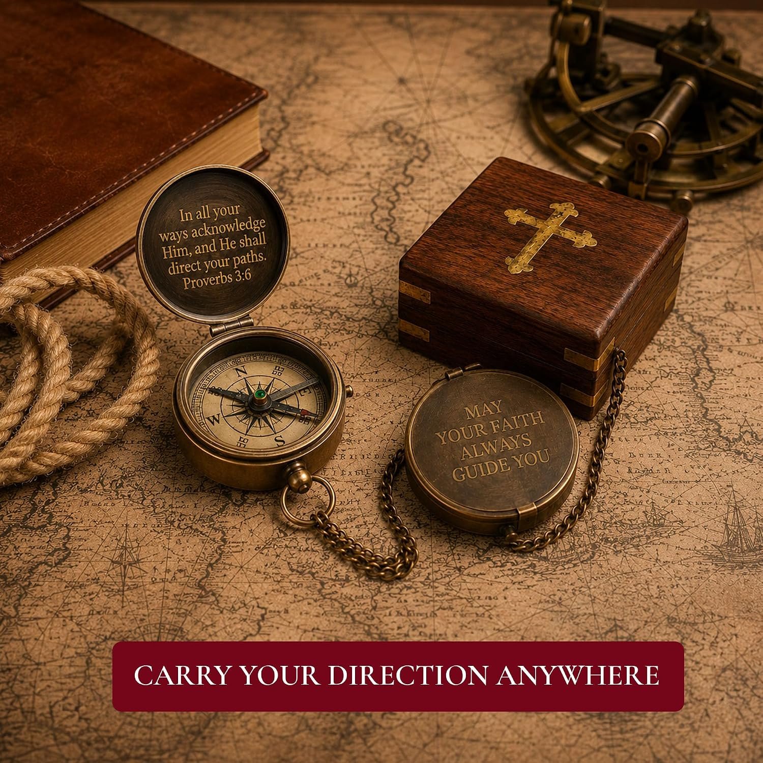 Baptism Gifts for Boys, Brass Antique Compass with Chain & Cross Wooden Gift Box - Proverbs 3:6 Scripture - Christian, Christmas, First Communion, Confirmation Gifts for Boys, Godson, Son & Men - Image 6