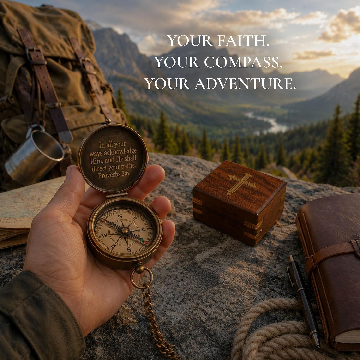 Baptism Gifts for Boys, Brass Antique Compass with Chain & Cross Wooden Gift Box - Proverbs 3:6 Scripture - Christian, Christmas, First Communion, Confirmation Gifts for Boys, Godson, Son & Men - Image 7