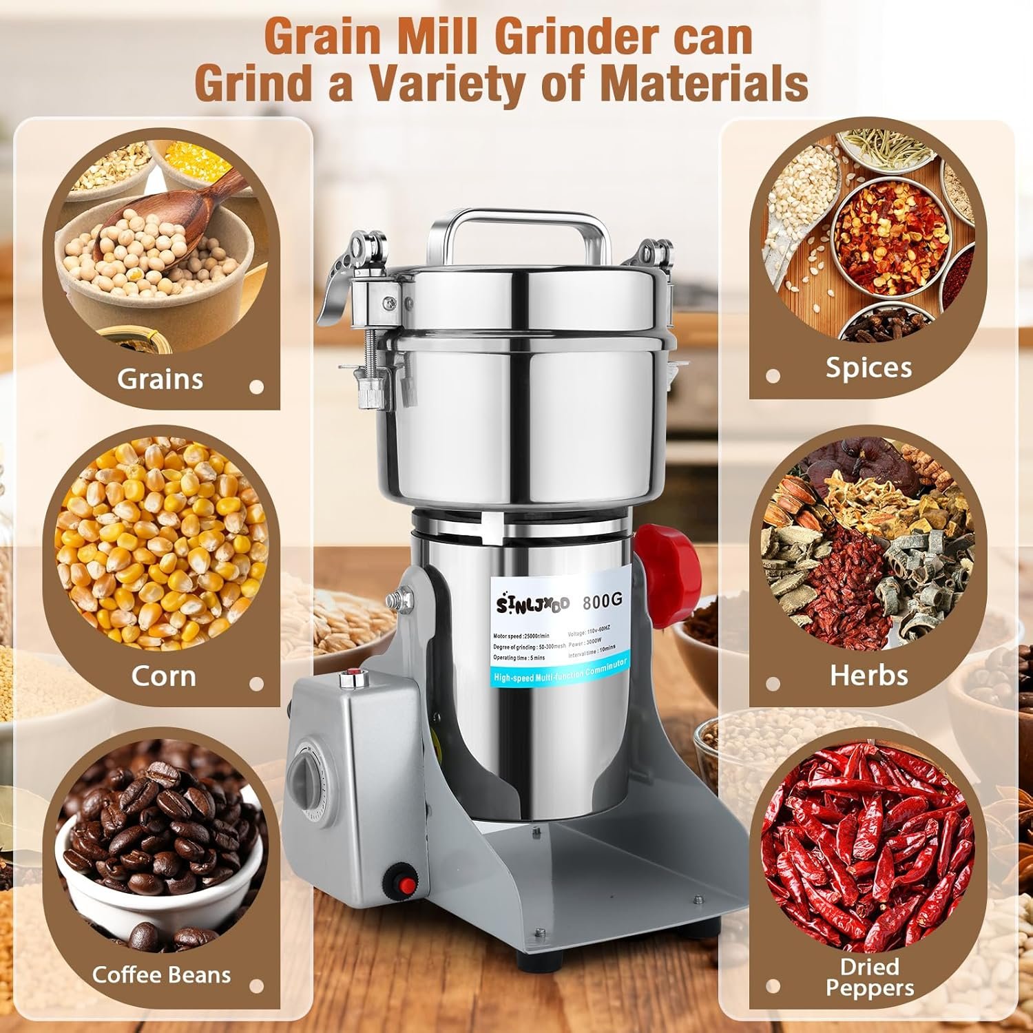 Electric Grain Mill Grinder-Swing Type 3500W 110V 2500g Commercial Grinder - Image 4