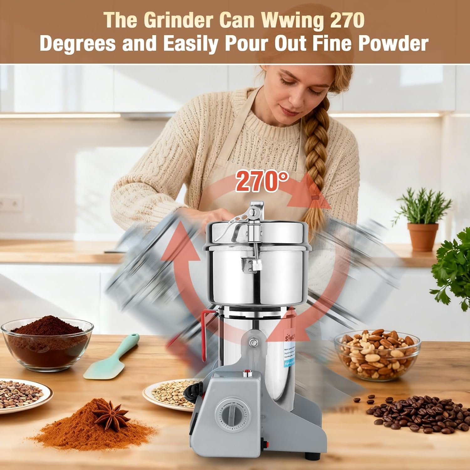 Electric Grain Mill Grinder-Swing Type 3500W 110V 2500g Commercial Grinder - Image 6