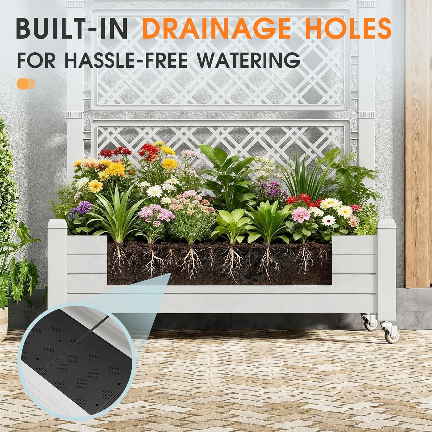 Resin Raised Garden Bed with Trellis and Wheels - Plasitc Planter Box with Trellis Outdoor with Drainage Holes & Water Monitor for Climbing Plants, Flower, Ashen(61.2" H) - Image 6