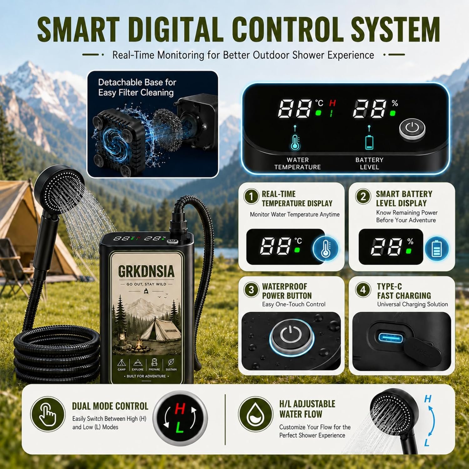 Camping Shower with Heater for USB Solar Charging Panel, Portable Shower Food-Grade Water Jug, 6000mAh Portable Shower Pump, 1500w Immersion Heater with Auto Shut-Off for Outdoor, Camping, Hiking - Image 6