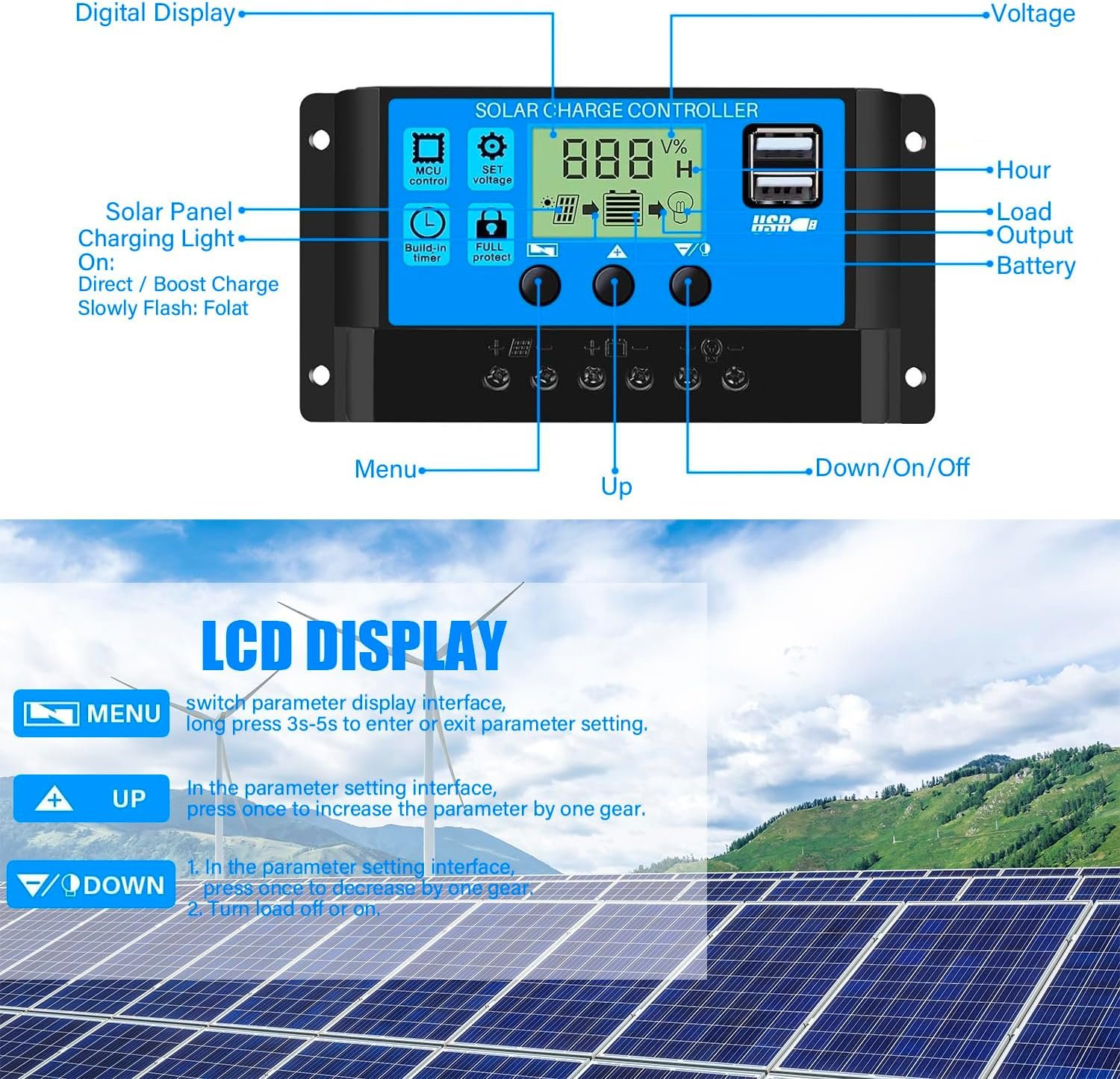 2PCS 30A PWM Solar Charge Controller, 12V 24V Dual USB Solar Panel Battery Intelligent Regulator with LCD Display, Auto Parameter Adjustable, Timer Setting, Multiple Load Control Modes - Image 3