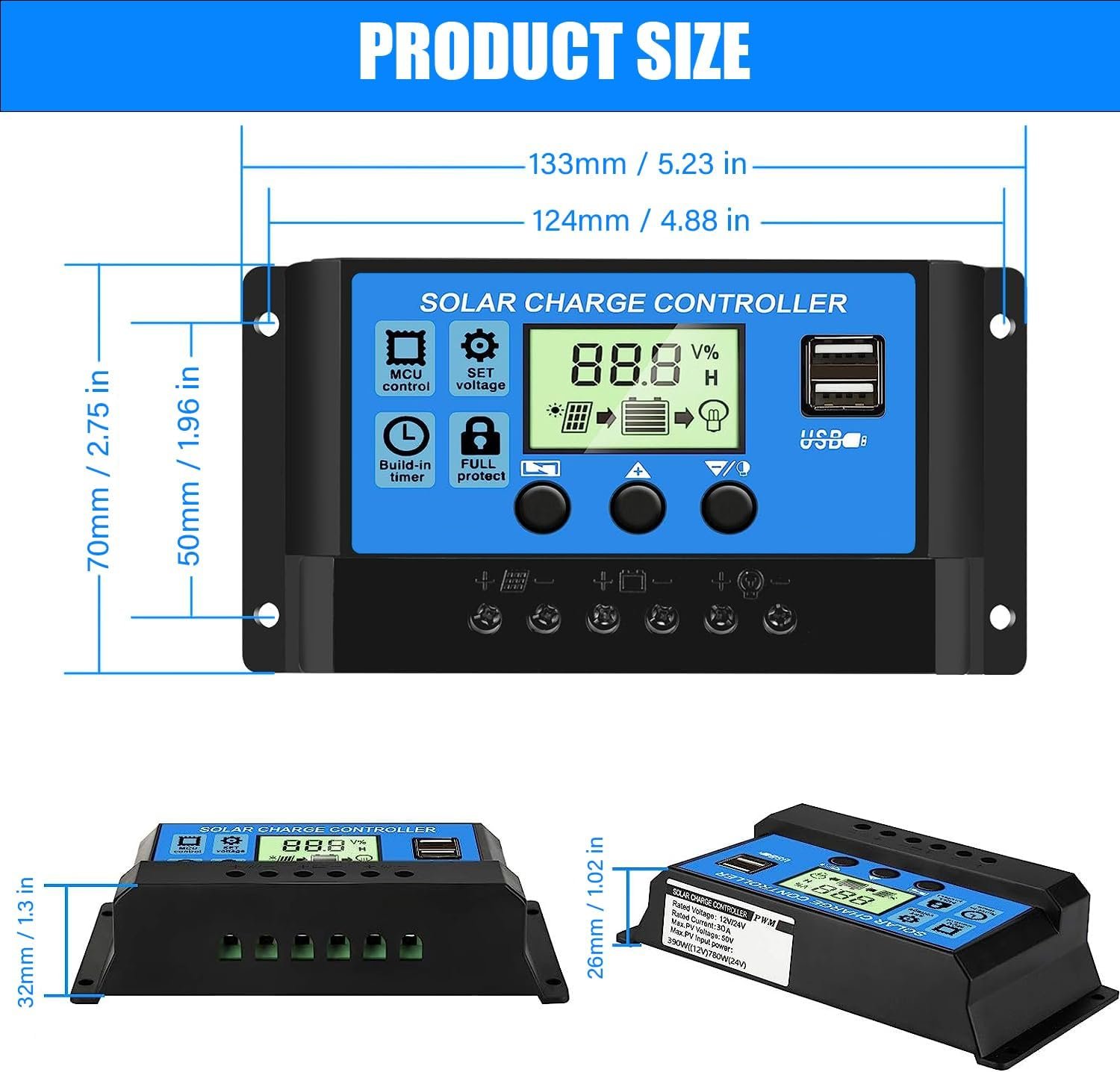 2PCS 30A PWM Solar Charge Controller, 12V 24V Dual USB Solar Panel Battery Intelligent Regulator with LCD Display, Auto Parameter Adjustable, Timer Setting, Multiple Load Control Modes - Image 6