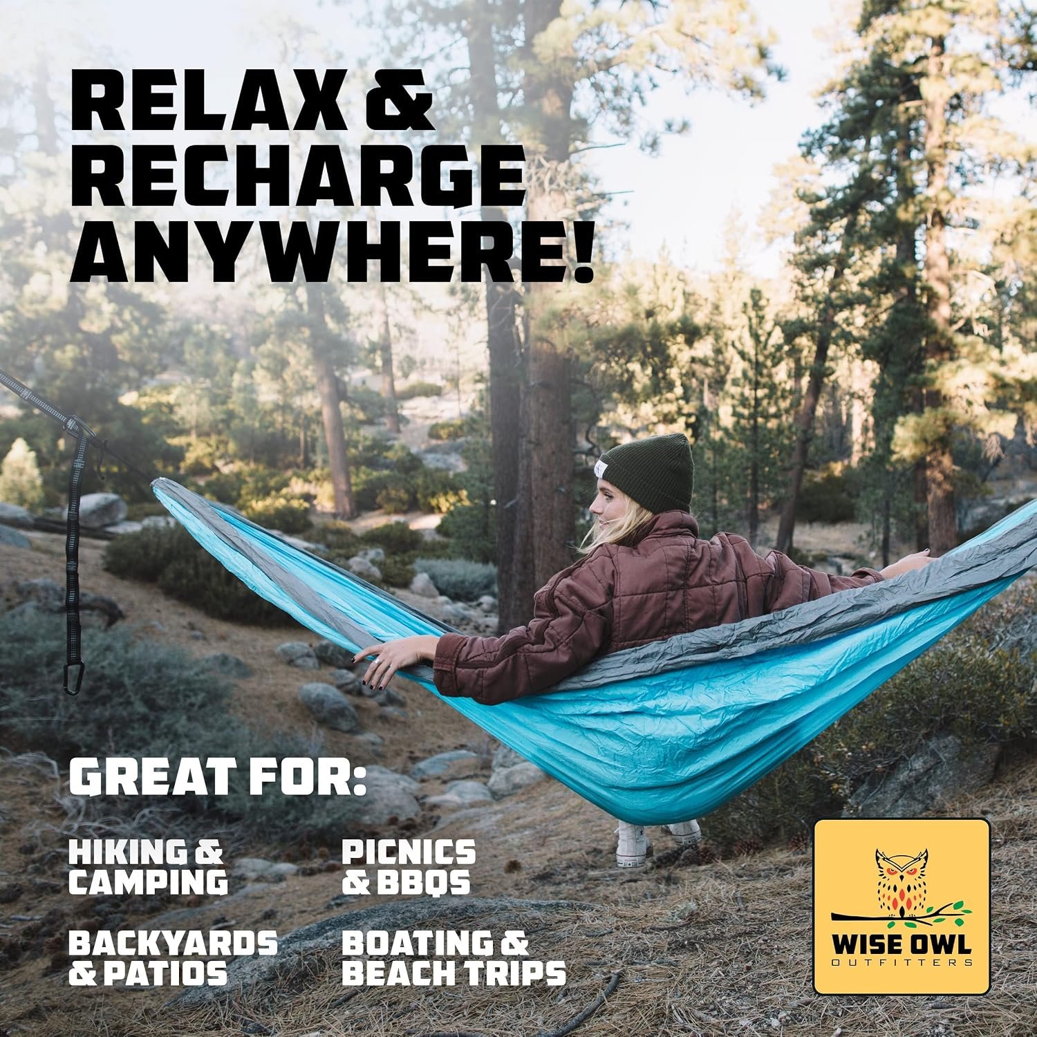 Wise Owl Outfitters Hammock for Camping Double Hammocks Gear for The Outdoors Backpacking Survival or Travel - Portable Lightweight Parachute Nylon DO Navy & Lt Blue - Image 6