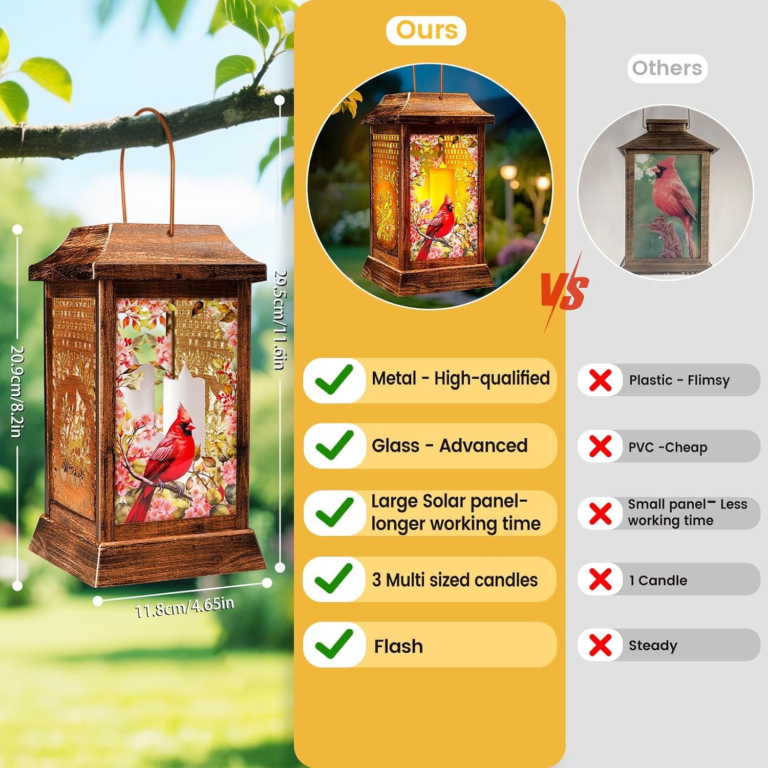 2 Pack Cardinal Solar Lanterns Outdoor Waterproof, Metal & Glass Hanging Lights Garden Decor, Birthday Gifts for Women Mom Grandma Mothers Day, Decorative Lights for Outside Yard Patio Backyard - Image 3