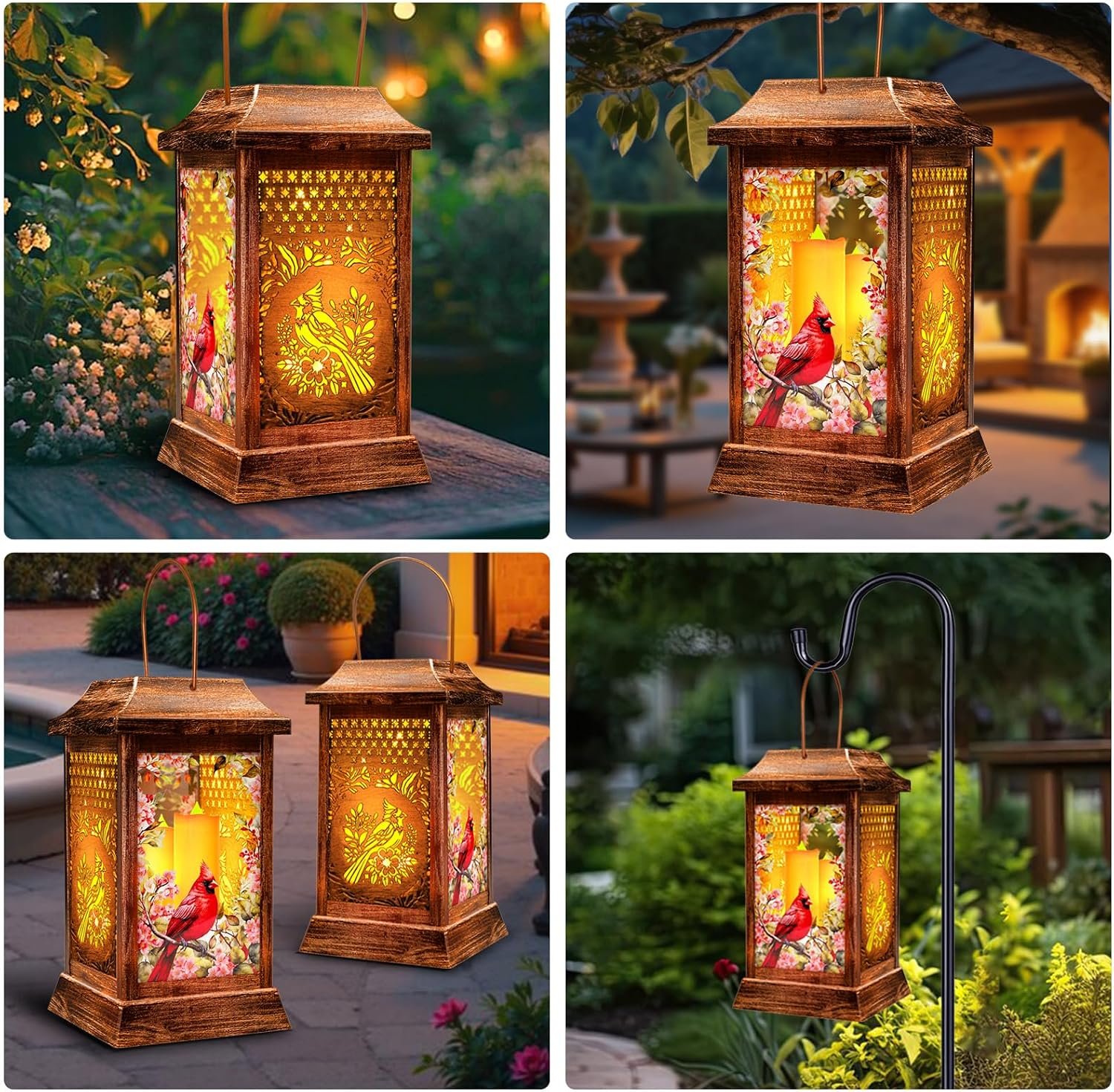 2 Pack Cardinal Solar Lanterns Outdoor Waterproof, Metal & Glass Hanging Lights Garden Decor, Birthday Gifts for Women Mom Grandma Mothers Day, Decorative Lights for Outside Yard Patio Backyard - Image 8