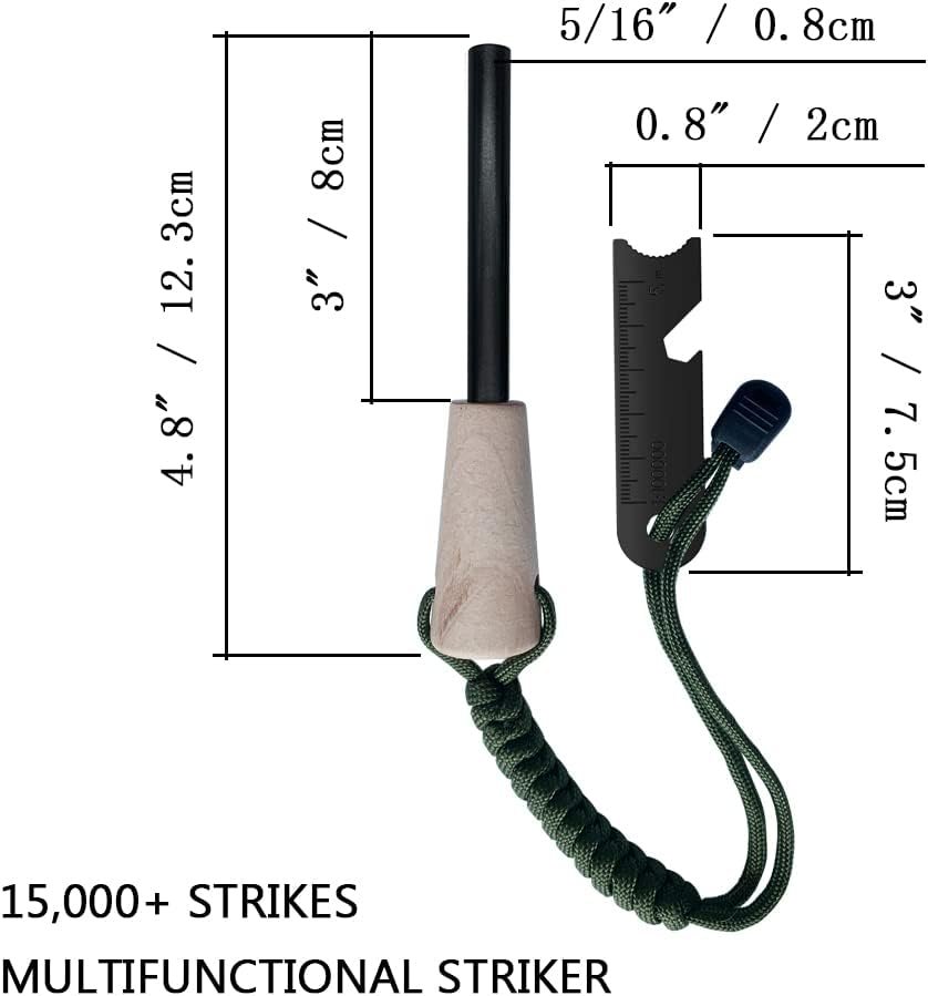Fire Starter Survival Kit, Larger Ferro Rod with Striker Lanyard 3in Long Flint and Steel, 13.8in Wick Hemp Cord, Multifunctional Bag - Image 5