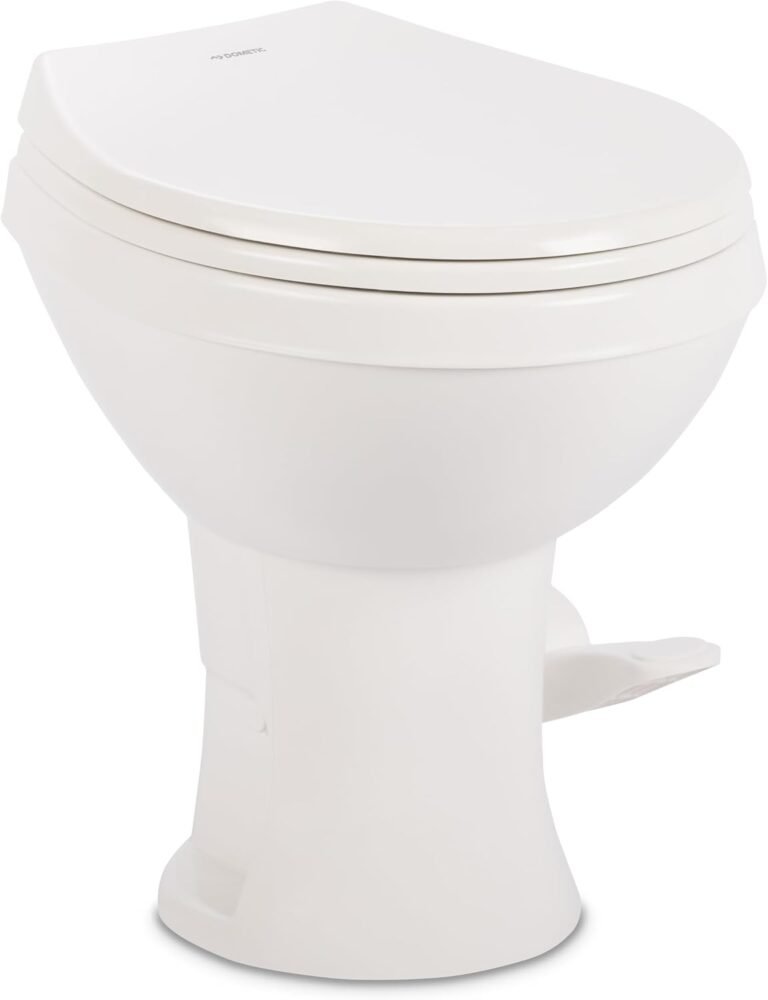 Dometic Model 400 Essential RV Toilet – Round Lightweight Plastic Bowl, Universal Fit & 2-Bolt Mount, 18" Chair Height Residential Style, Gravity Flush Toilet with Soft-Close Seat, White (9610008275)