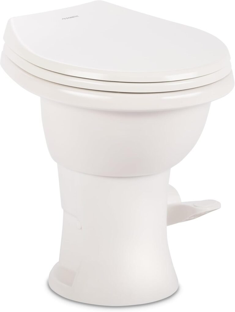 Dometic Model 410 Complete RV Toilet – Round Porcelain Bowl, Universal Fit & 2-Bolt Mount, 18" Chair Height Residential-Style, Gravity Flush Toilet with Soft-Close Seat, White (9610008259)