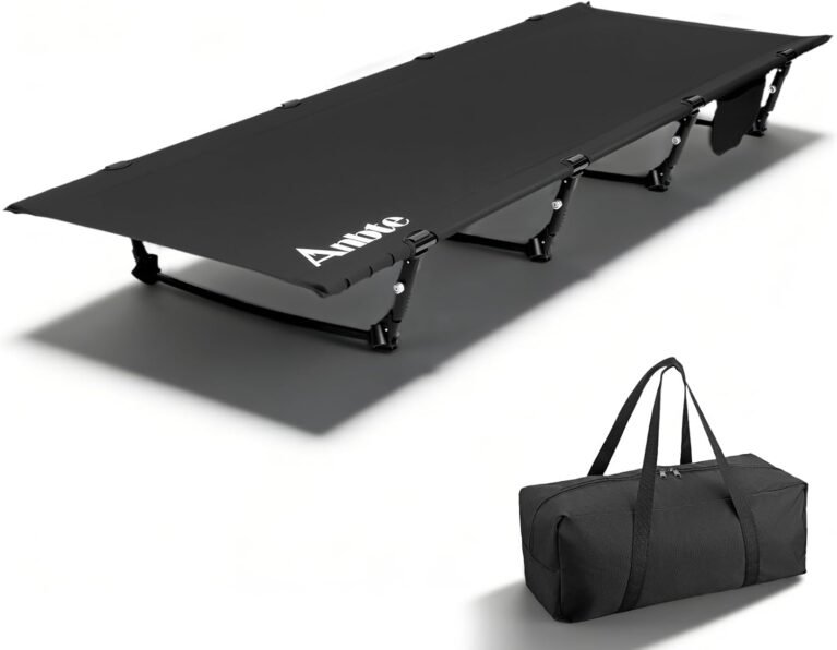 Anbte Ultralight Folding Camping Cot, Comfortable Portable Camping Cot Supports 275 lbs with Storage Bag & Side Pocket, Lightweight Folding Bed for Outdoor Travel Tent Indoor Emergency Bed, Black