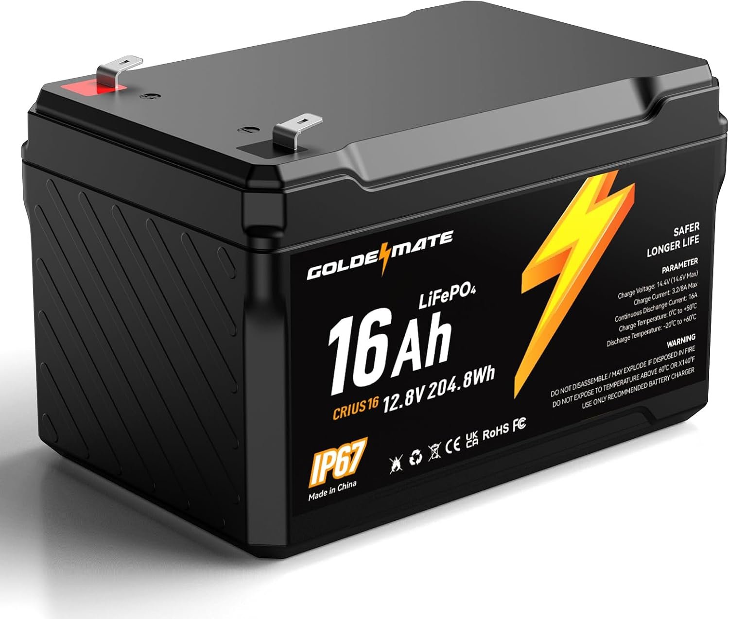 GOLDENMATE 12V 16Ah LiFePO4 Lithium Battery, IP67 Waterproof, Lightweight