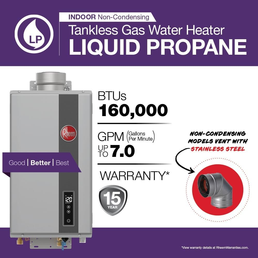 Rheem RTG Series 7.0 GPM Liquid Propane Tankless Water Heater Indoor | 160,000 BTUs High Efficiency On Demand, Continuous Hot Water | Non-Condensing - Image 2