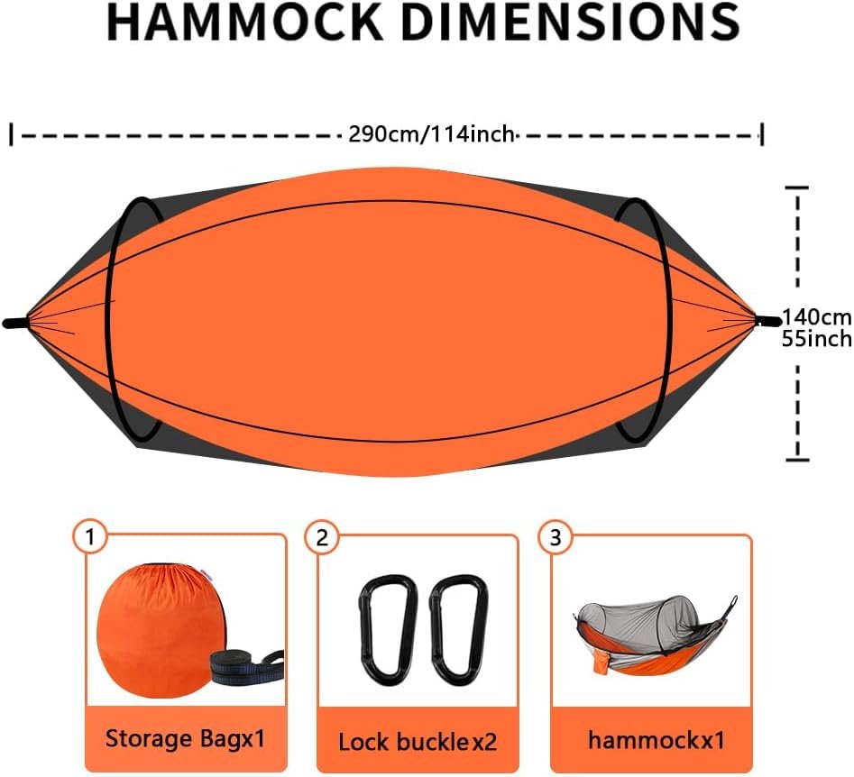 Camping Hammock with Mosquito Net - Double & Single Portable Hammocks with 2 Tree Straps, Lightweight Hammock Tent for Outdoor Camping, Hiking, Backpacking, Beach & Backyard (Orange) - Image 3