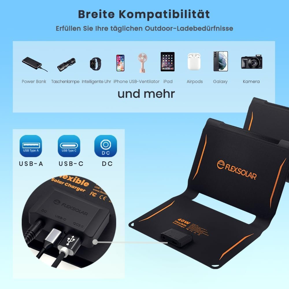 FlexSolar 40W Foldable Solar Panel Charger, USB-C USB-A & DC Outputs - Image 2