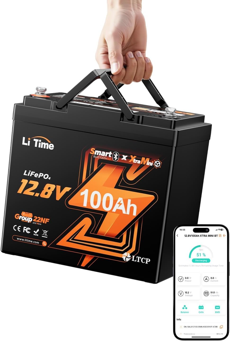 Litime 12V 100Ah Xtra-Mini LiFePO4 Lithium Battery for RV, Marine, Boat