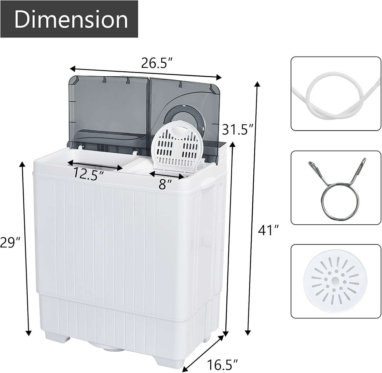 COSTWAY Portable Washing Machine, Twin Tub 26 Lbs Capacity, 18 Lbs Washer and 8 Lbs Spinner, Compact Washer with Control Knobs, Timer Function, Drain Pump, Laundry washer for Apartment RV, Grey - Image 5
