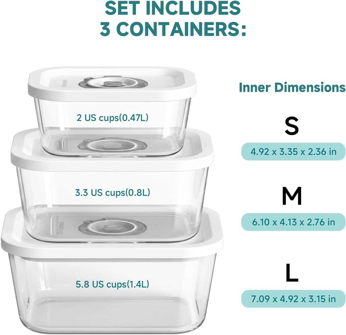 Mehomeli Glass Vacuum Seal Containers, 3-Piece Set, Small Medium Large - Image 4
