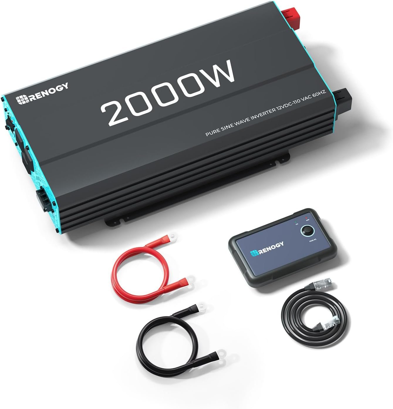 Renogy Inverter P2 2000W Pure Sine Wave Inverter 12V DC to 110V AC Converter, Off-Grid Solar Power Inverters for Vehicles, Truck, RV, Home, with Built-in 5V/2.1A USB/Hardwire Port, Remote Controller