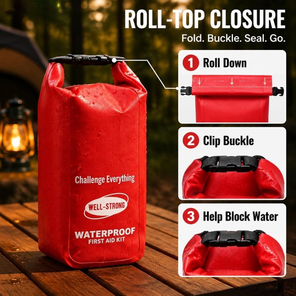 Waterproof First Aid Kit Roll Top Boat Emergency Kit with Waterproof Contents for Fishing Kayaking Boating Swimming Camping Rafting Beach Red - Image 7