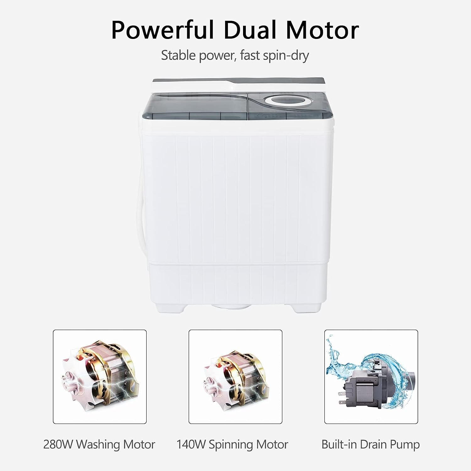COSTWAY Portable Washing Machine, Twin Tub 26 Lbs Capacity, 18 Lbs Washer and 8 Lbs Spinner, Compact Washer with Control Knobs, Timer Function, Drain Pump, Laundry washer for Apartment RV, Grey - Image 9