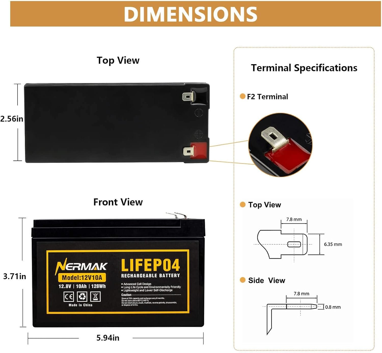 NERMAK 12V 10Ah Lithium LiFePO4 Deep Cycle Battery with 10A BMS,Lightweight - Image 2