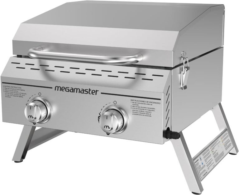Megamaster Tabletop 2 Burner Gas Grill, Stainless Steel with Foldable Legs