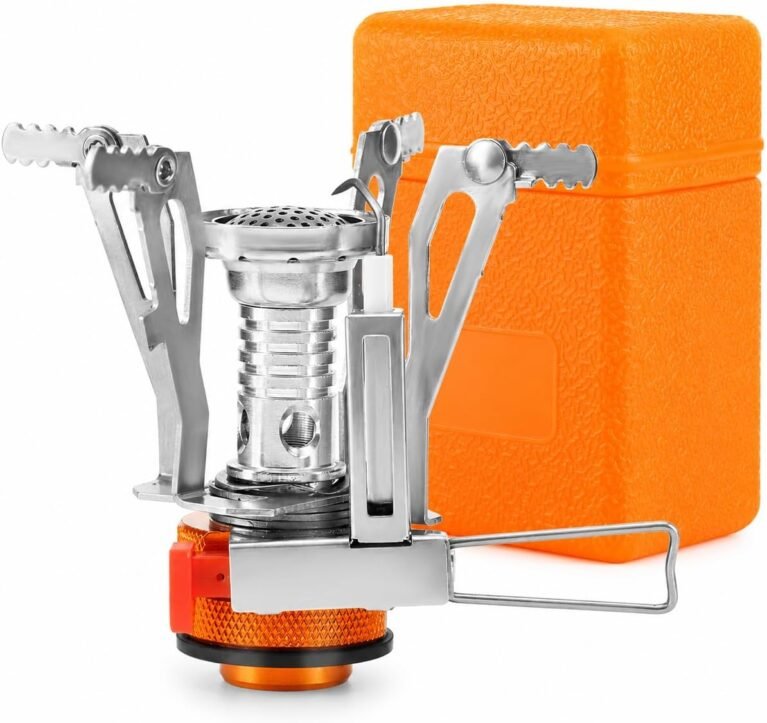 KUBQLIG Portable Camping Stove with Piezo Ignition, 3000W Mini Backpacking Gas Burner for 7/16 Threaded EN417 Fuel Canisters, Wind-Resistant Folding Camp Stove for Hiking Outdoor Cooking