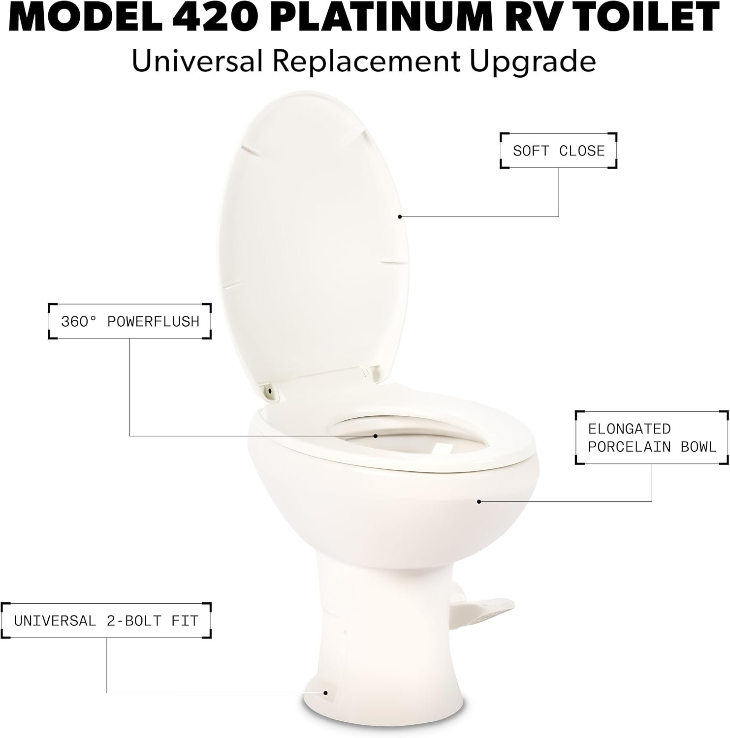 Dometic Model 420 Platinum RV Toilet – Elongated Porcelain Bowl, Universal Fit & 2-Bolt Mount, 18" Chair Height Residential-Style, Gravity Flush Toilet with Soft-Close Seat, White (9610008281) - Image 3
