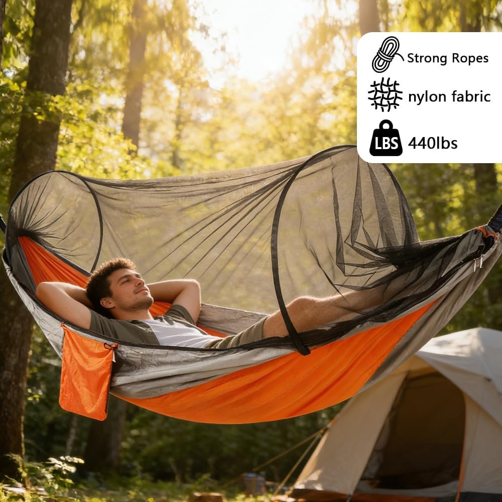 Camping Hammock with Mosquito Net - Double & Single Portable Hammocks with 2 Tree Straps, Lightweight Hammock Tent for Outdoor Camping, Hiking, Backpacking, Beach & Backyard (Orange) - Image 2