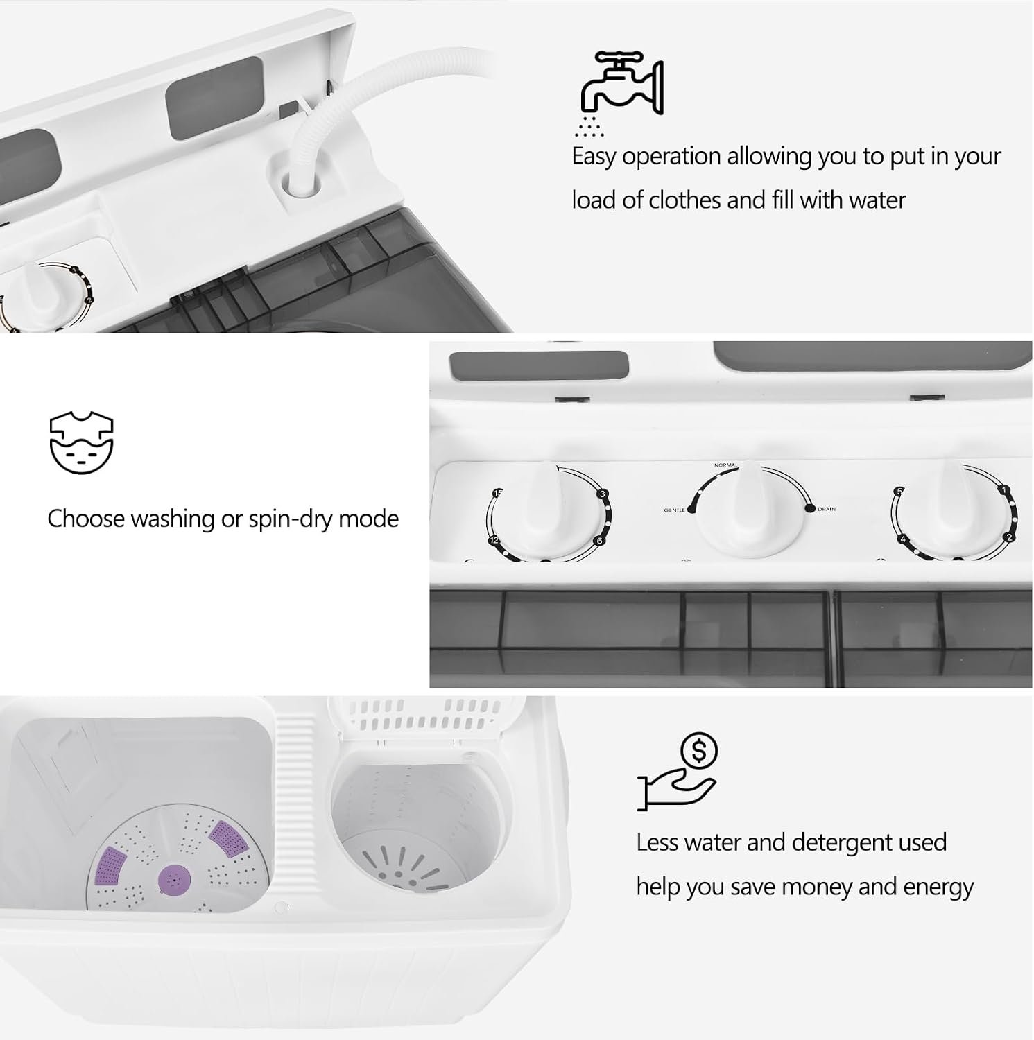 COSTWAY Portable Washing Machine, Twin Tub 26 Lbs Capacity, 18 Lbs Washer and 8 Lbs Spinner, Compact Washer with Control Knobs, Timer Function, Drain Pump, Laundry washer for Apartment RV, Grey - Image 8