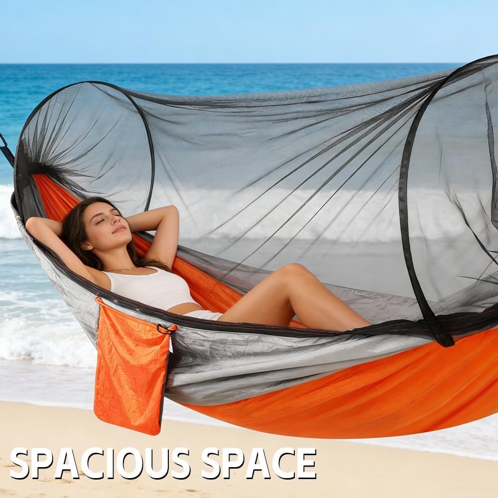 Camping Hammock with Mosquito Net - Double & Single Portable Hammocks with 2 Tree Straps, Lightweight Hammock Tent for Outdoor Camping, Hiking, Backpacking, Beach & Backyard (Orange) - Image 6