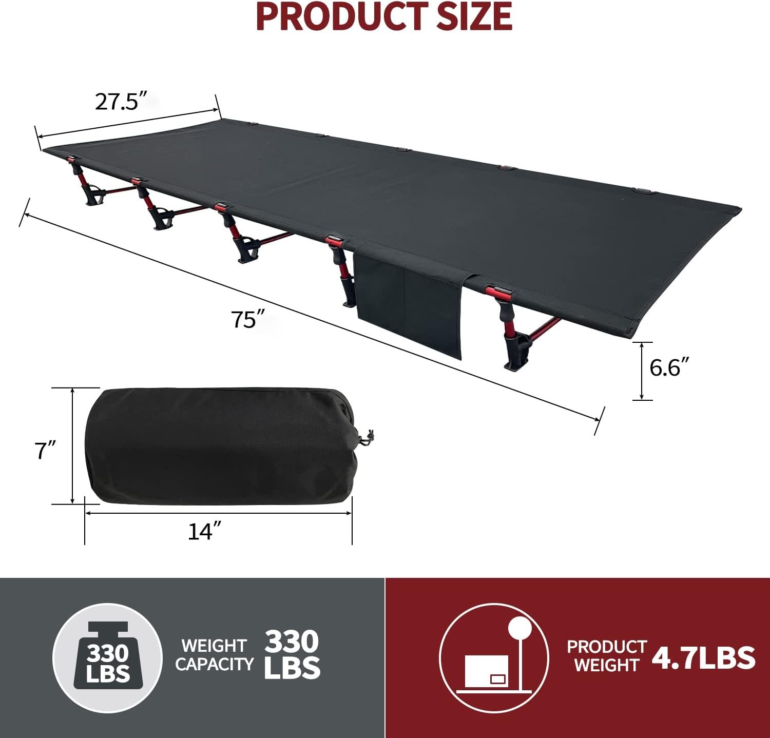Sutekus Portable Camping Cot Sleeping Cot Ultralight Backpacking Cot Bed for Outdoor Hiking Travel Beach Mountaineering (Black) - Image 4