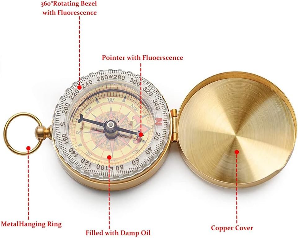 Camping Survival Compass for Hiking,Small Golden Pocket Compass for Kids,Glow in The Dark Waterproof Vintage Metal Military GearCompass for Hunting Backpacking Outdoor Navigation Tool (Golden) - Image 3