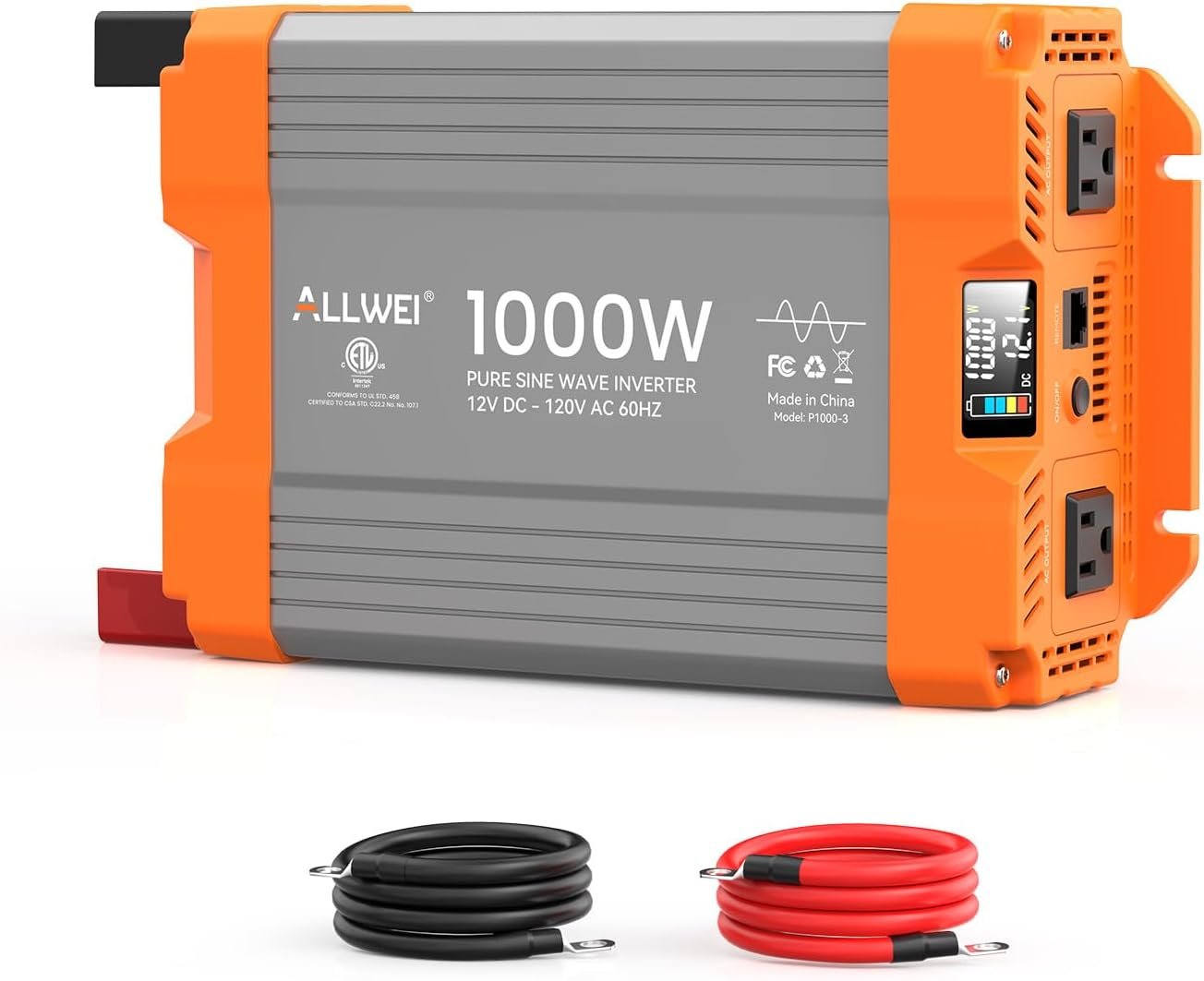 1000W Pure Sine Wave Power Inverter 12V DC to 120V AC, ETL Listed to UL 458