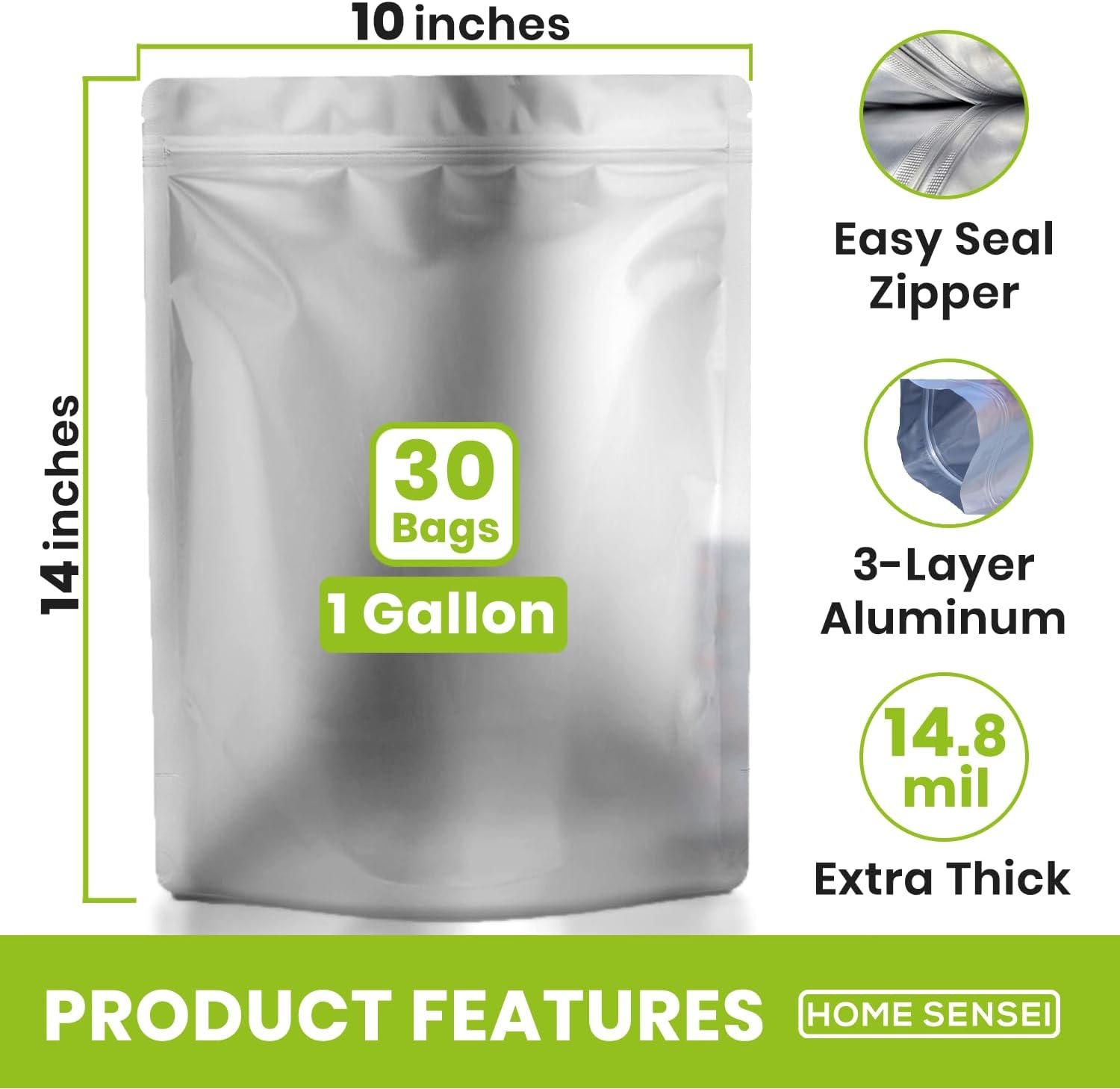 30 Mylar Bags for Food Storage 1 Gallon - Extra Thick 15 Mil - Long Term & Food Grade - Mylar Bags with Oxygen Absorbers 400cc- Zipper, Resealable, Stand-up Gousset - Bolsas Mylar con Abosrbentes - Image 2