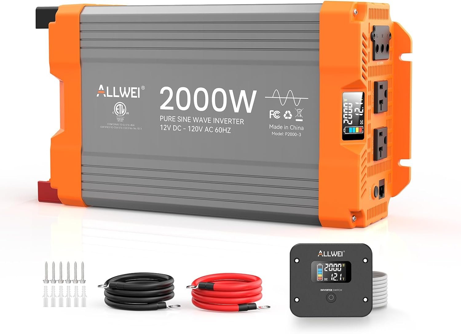 2000W Pure Sine Wave Power Inverter 12V DC to 120V AC, ETL Listed to UL 458