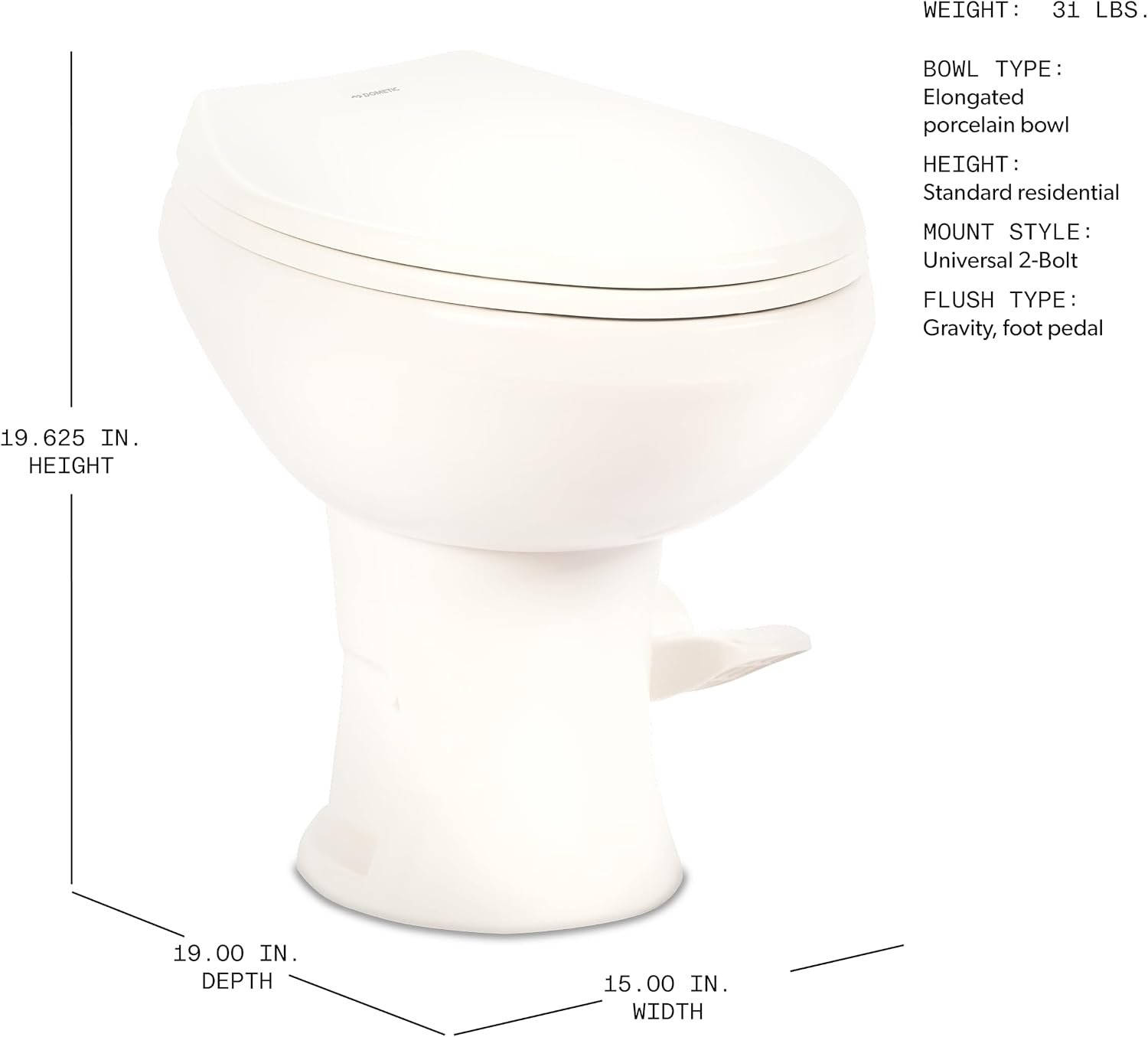 Dometic Model 420 Platinum RV Toilet – Elongated Porcelain Bowl, Universal Fit & 2-Bolt Mount, 18" Chair Height Residential-Style, Gravity Flush Toilet with Soft-Close Seat, White (9610008281) - Image 4