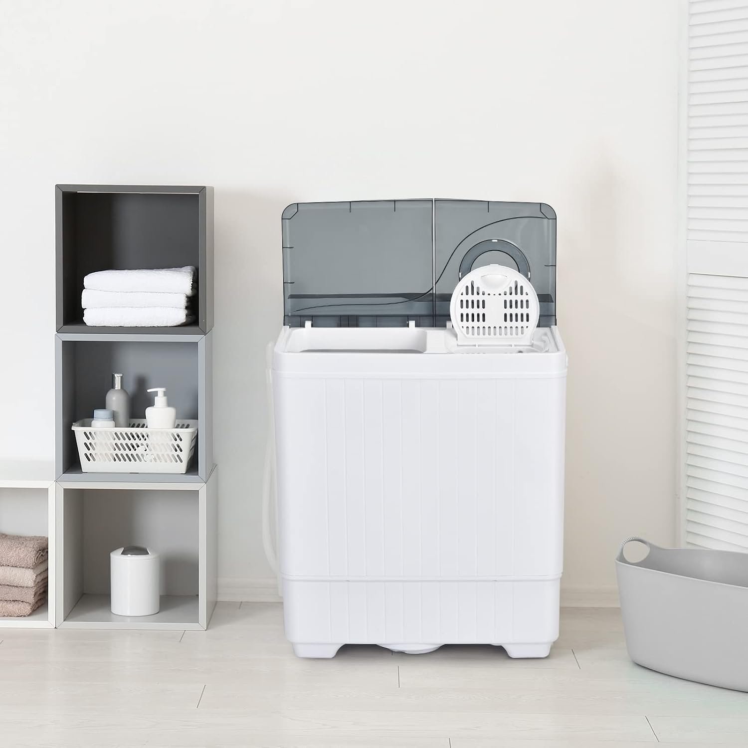 COSTWAY Portable Washing Machine, Twin Tub 26 Lbs Capacity, 18 Lbs Washer and 8 Lbs Spinner, Compact Washer with Control Knobs, Timer Function, Drain Pump, Laundry washer for Apartment RV, Grey - Image 2