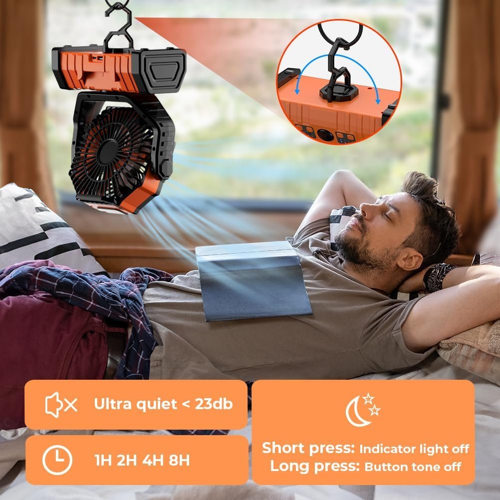 Camping Fan - 20000mAh Battery Powered Fan Rechargeable with LED Lantern - Portable Outdoor Tent Fans with Hanging Hook 4 Speeds Wind Remote Control, Black and Orange - Image 3