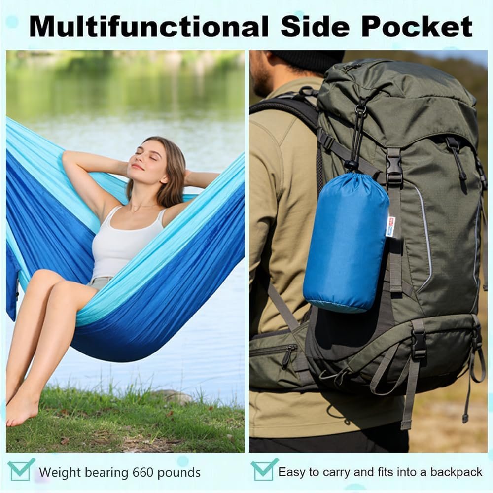Camping Hammock, Portable Hammocks with Tree Straps & Attached Carry Bag, Travel Tree Hammocks for Outside Indoor Hiking Beach Backpack Travel(Blue, Nylon) - Image 4