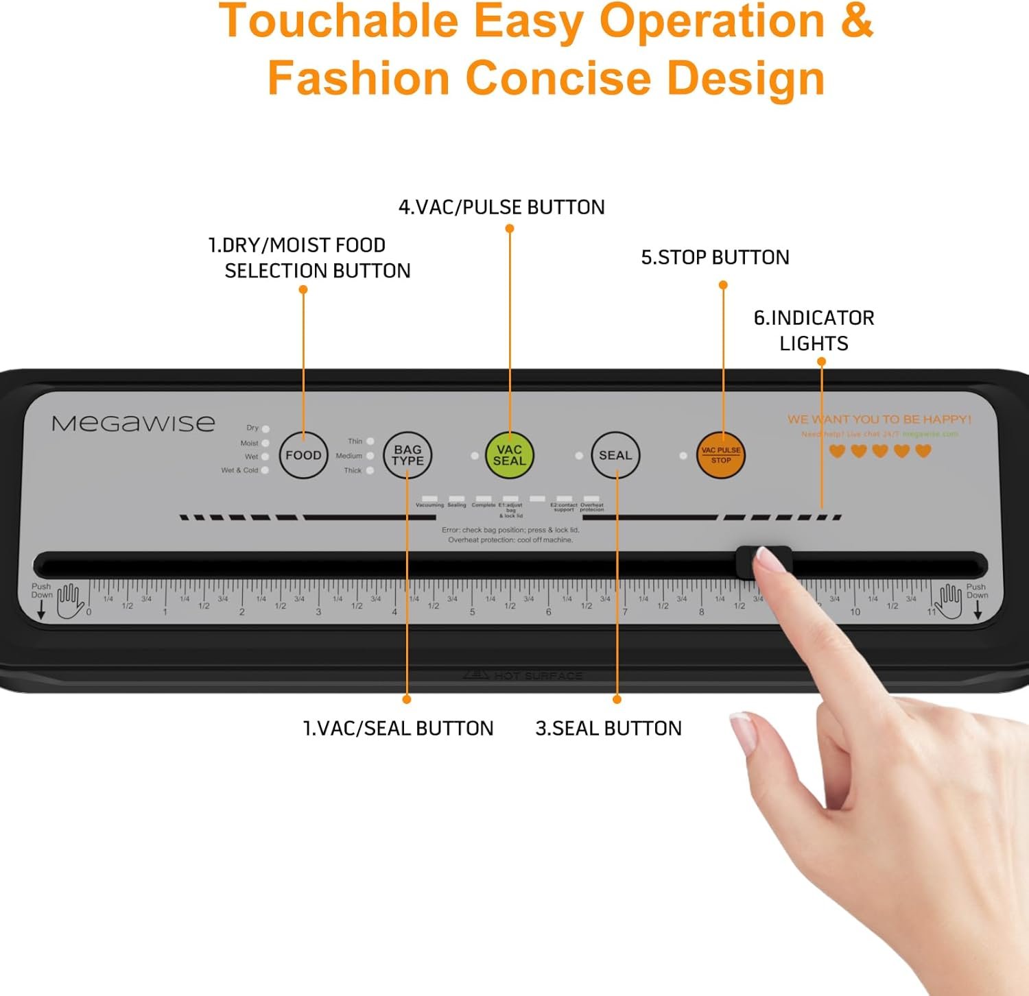 Updated Vacuum Sealer Machine 2025, MEGAWISE Food Sealer w/Starter Kit, Dry & Moist Food Modes, Compact Design with 10 Vacuum Bags & Built-in Cutter (Grey) - Image 6