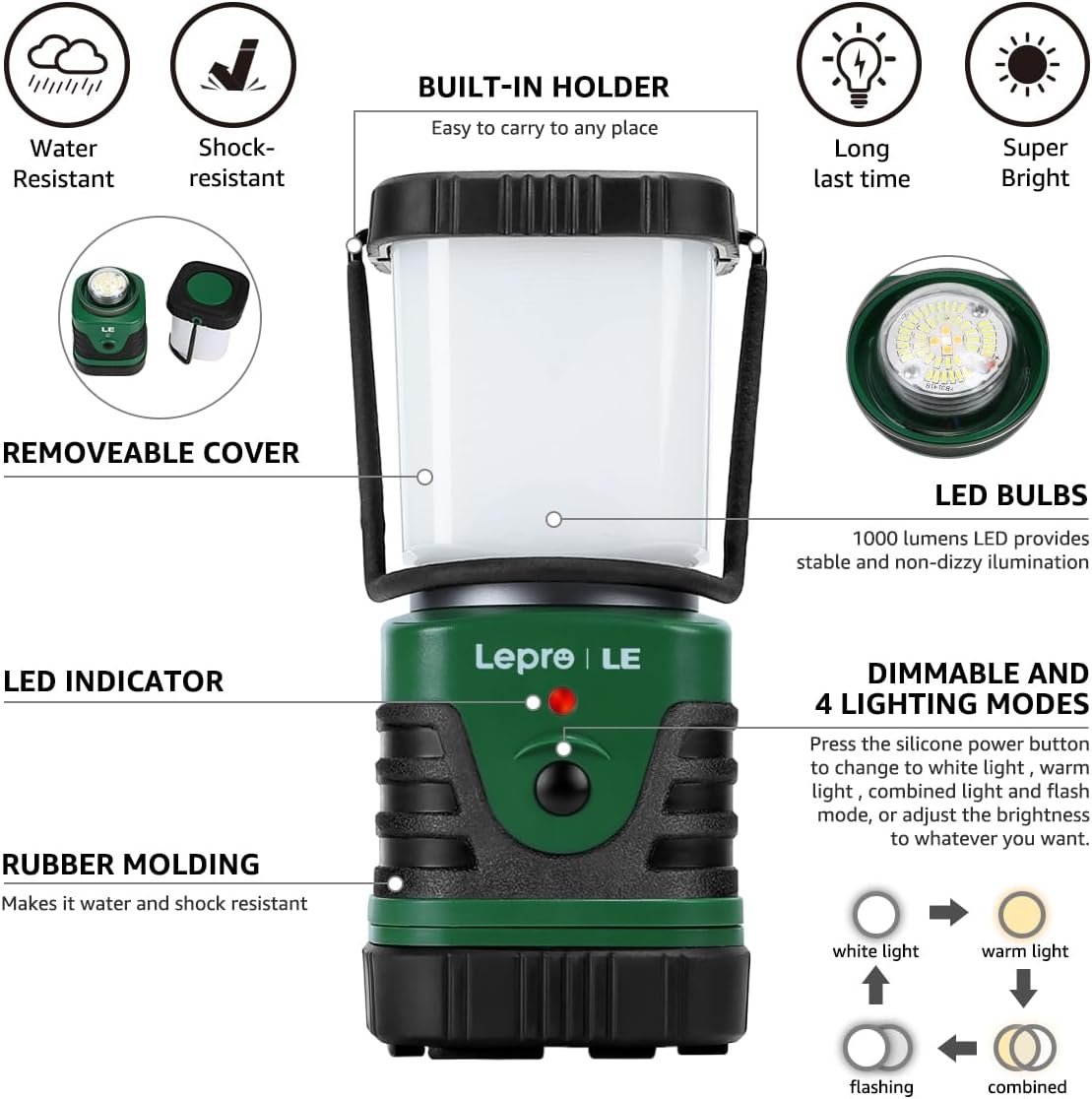 Lepro 1000LM LED Camping Lantern Rechargeable, 4400mAh, 4 Light Modes - Image 5