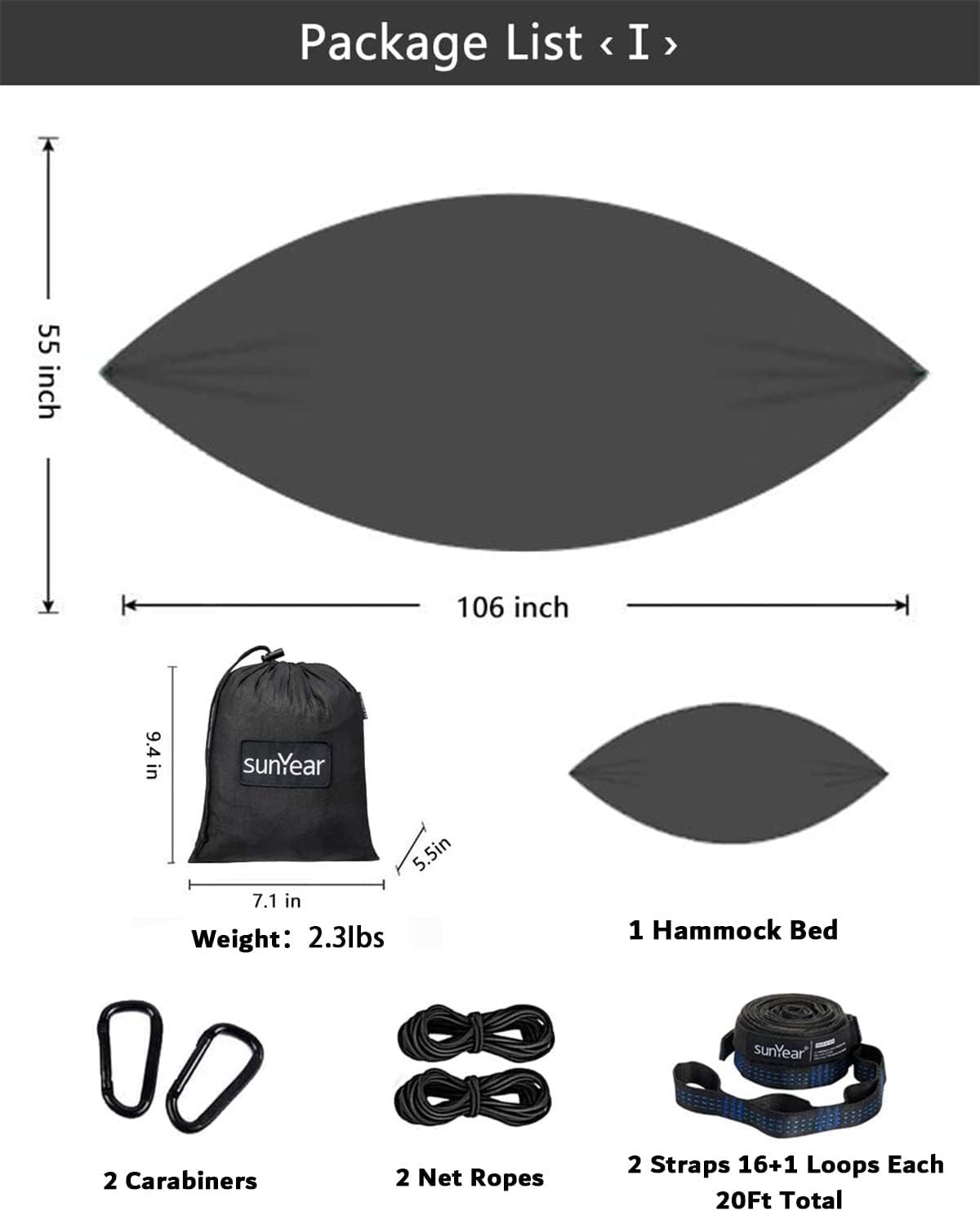 Sunyear Hammock Camping with Rain Fly Tarp and Net, Portable Camping Hammock Double Tree Hammock Outdoor Indoor Backpacking Travel & Survival, 2 Tree Straps,100% Waterproof Black Bundle - Image 5