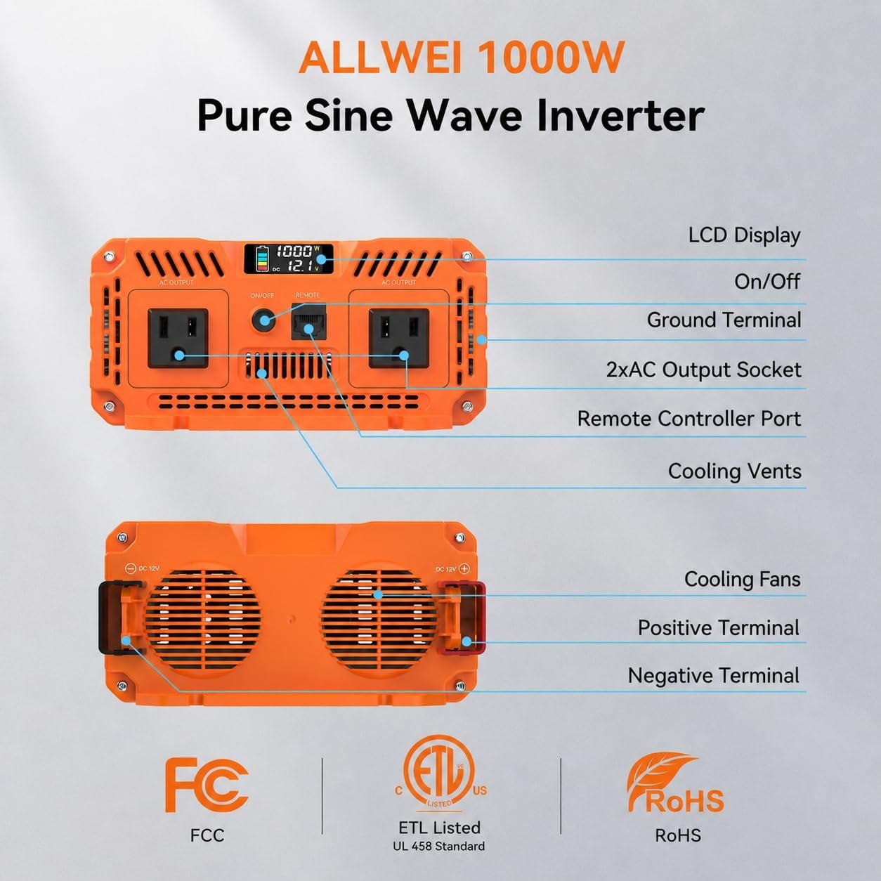1000W Pure Sine Wave Power Inverter 12V DC to 120V AC, ETL Listed to UL 458 - Image 6